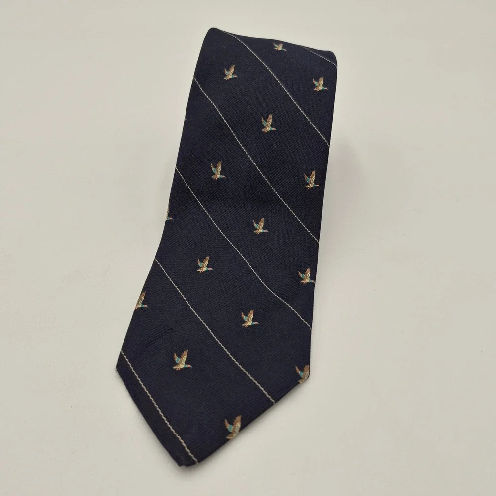 Roots Robert Talbott Mens Navy Blue Mallard Duck Pinstripe Silk Tie England